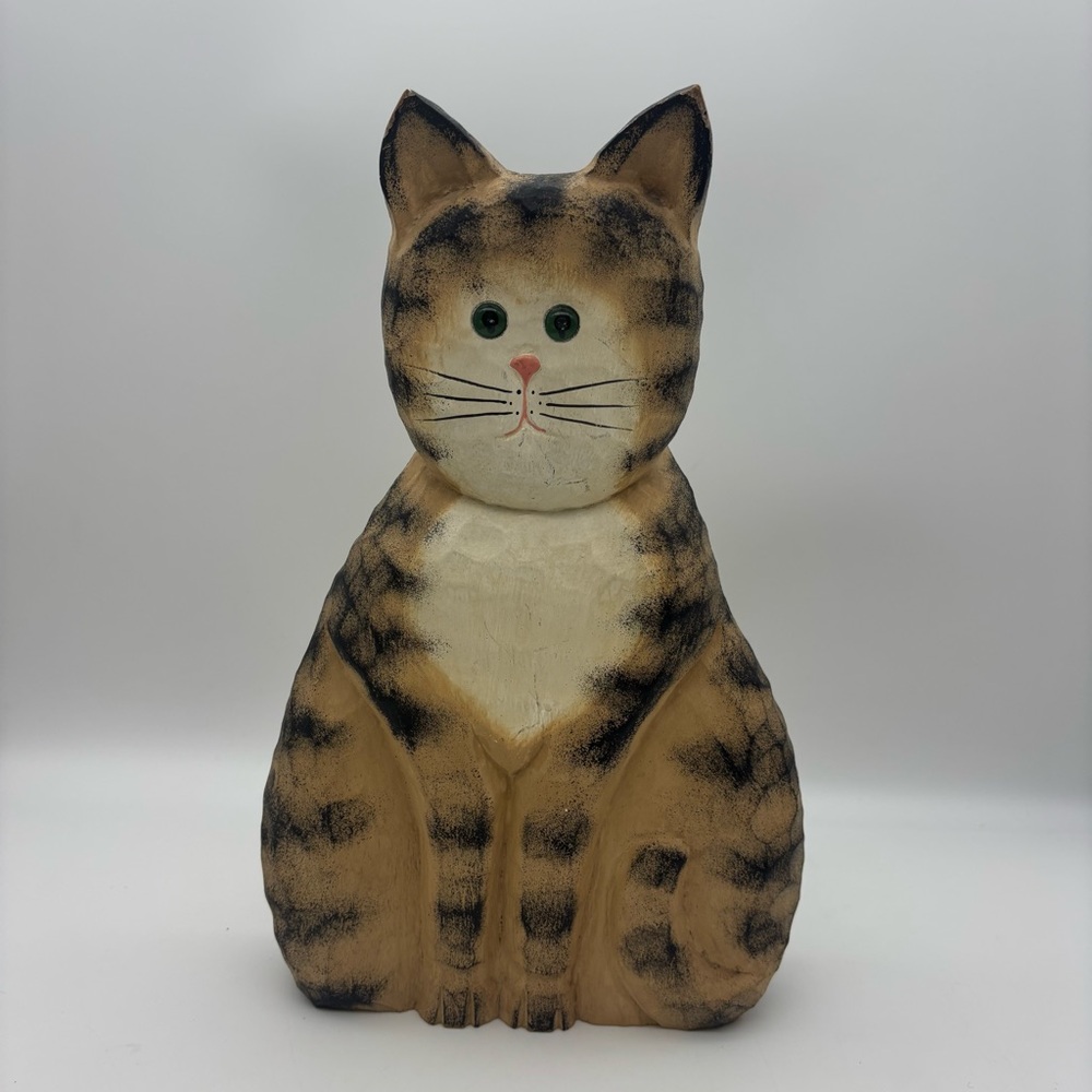 James Haddon Signed Tabby Cat Carved Figure 11.5 inches